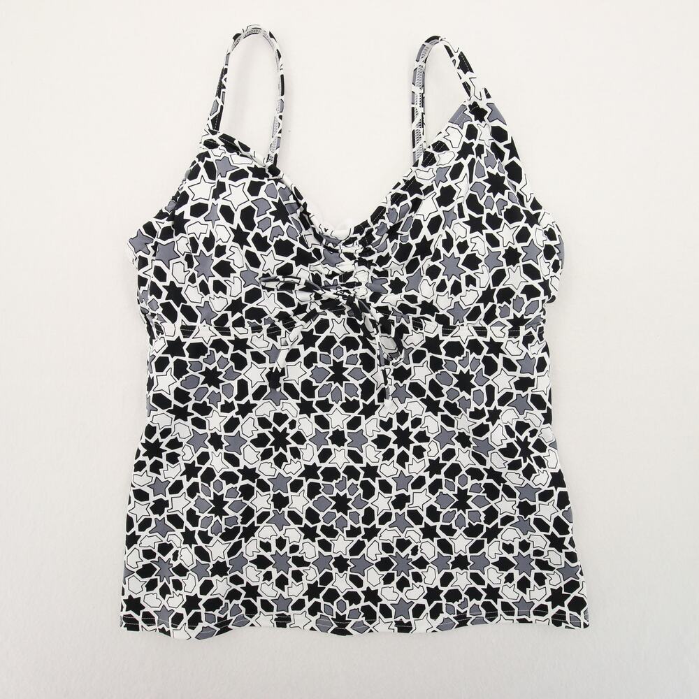 Lands End Tankini Top Black White Geometric Print Ruched Bow Tie V Neck Size 2